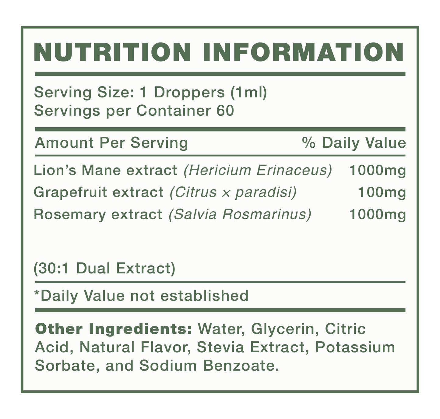 Nutrition information label for a supplement with extract percentages and ingredient list.