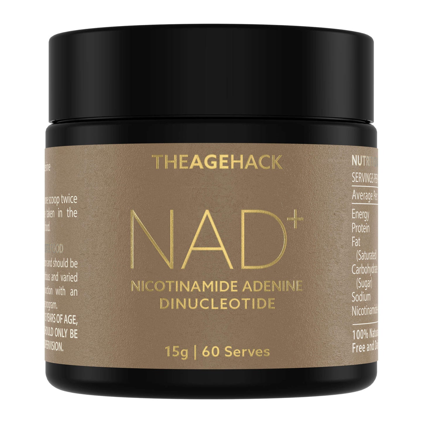 Jar of The Age Hack NAD+ supplement with black lid and brown label.