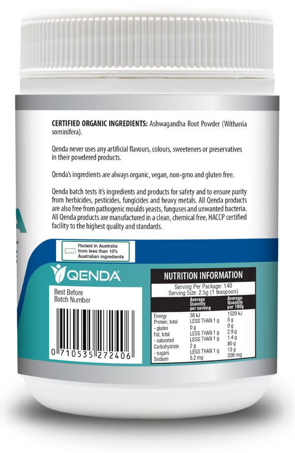 Container of Qenda Ultimate Ashwagandha 350g with certification and nutrition information on the label.