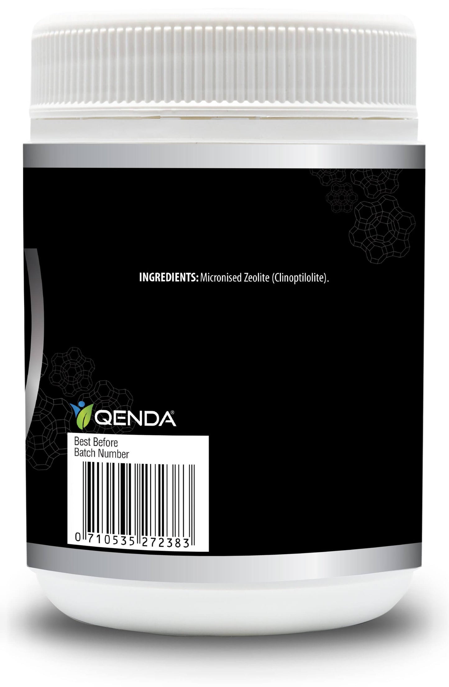Qenda Ultimate Zeolite 300g Detox Supplement white container with black label featuring 'Qienda' brand on a white background