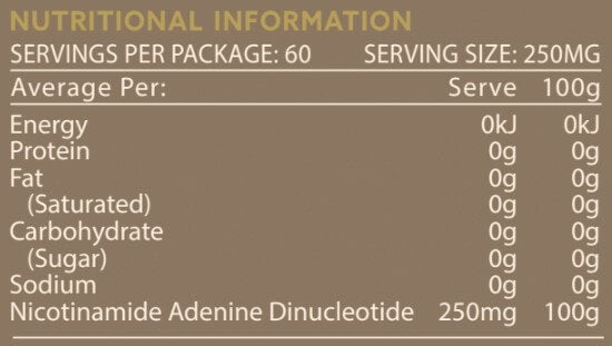 TheAgeHack NMN 125mg nutritional information label for a product with zero calories, protein, fat, carbohydrate, and sodium per serving.