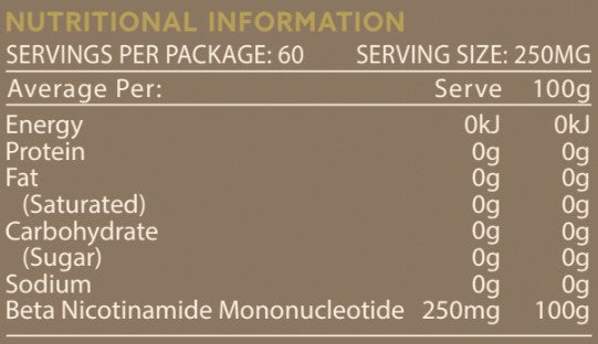 TheAgeHack NMN Powder 15g Nutritional information label with serving size and package details on a brown background