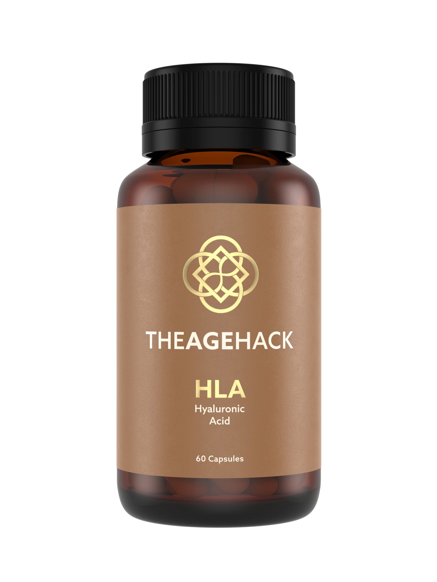 Bottle of TheAgeHack HLA 100mg Hyaluronic Acid capsules on a white background