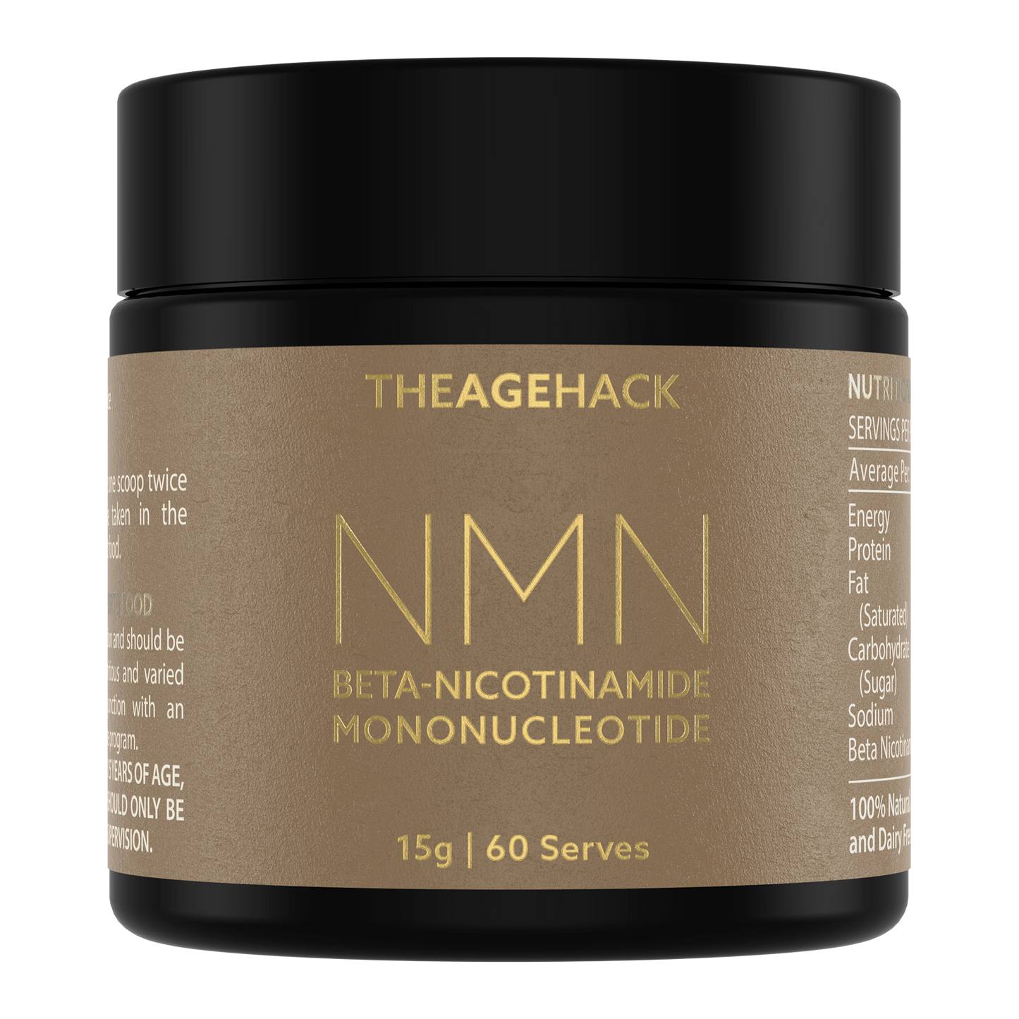 TheAgeHack NMN Powder 15g Container of The Age Hack NMN supplement with black lid and brown label.