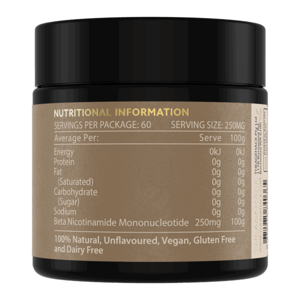 TheAgeHack NMN Powder 15g Nutritional information label on a supplement container with a black lid.