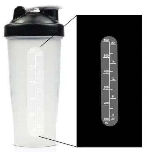 600ml Shaker Bottle with Stainless Steel Whisk Ball with black cap next to a black box with measurement scale