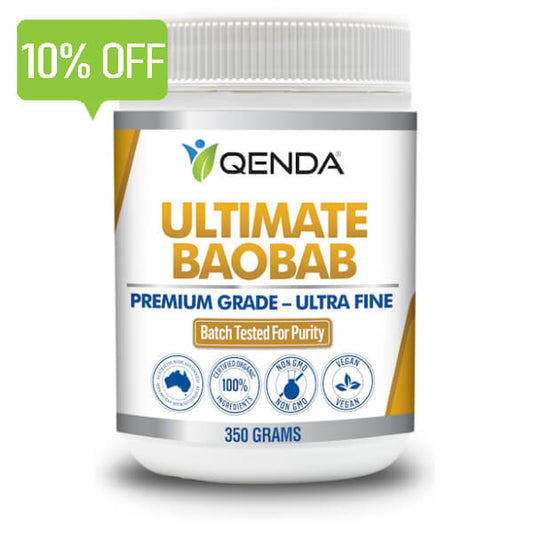 Qenda Ultimate Baobab supplement container with a 10% off label on a white background