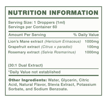 Nutrition information label for a supplement with extract percentages and ingredient list.