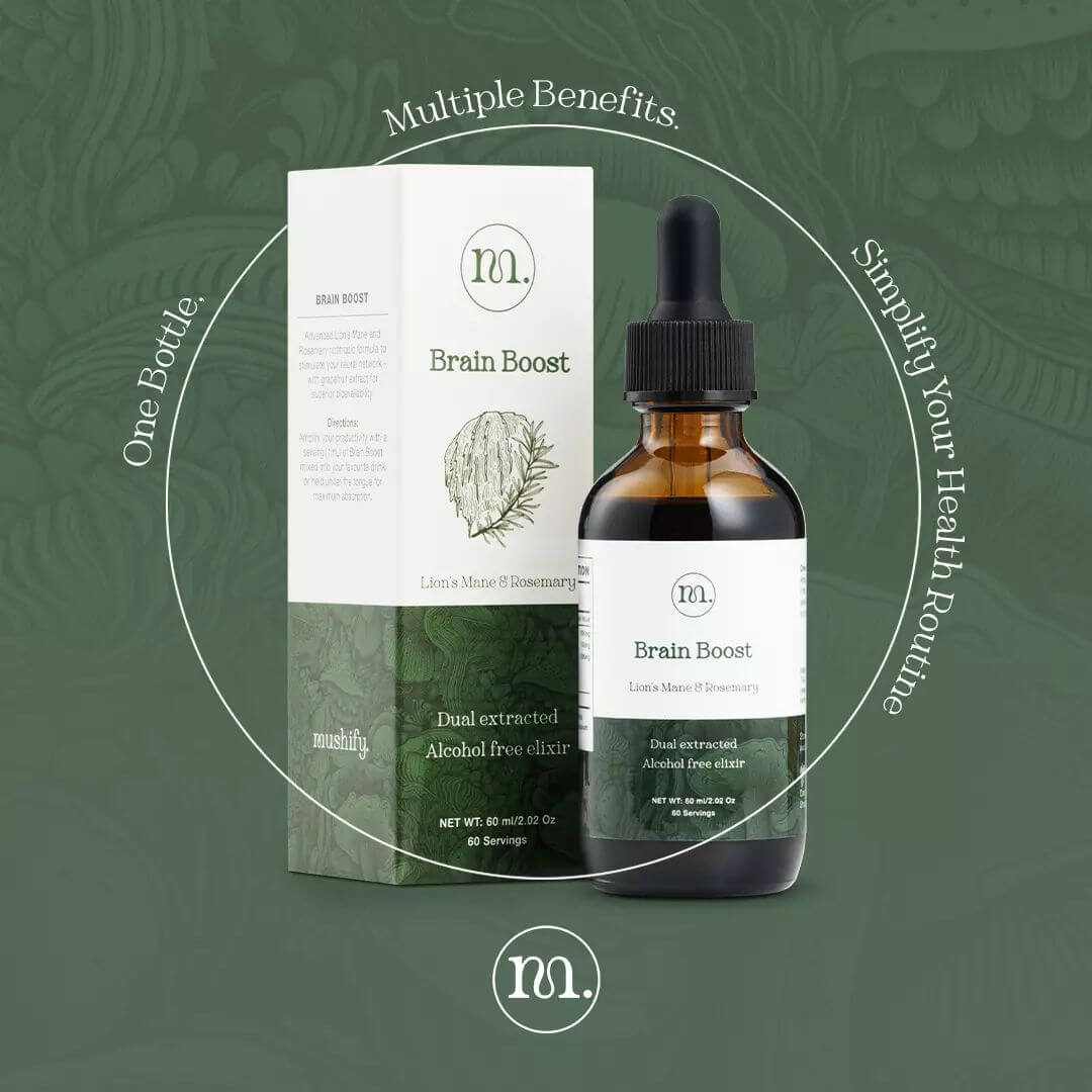 Brain Boost supplement bottle and packaging on a green background