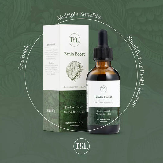 Brain Boost supplement bottle and packaging on a green background