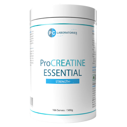 PC Laboratories ProCREATINE Essential Strength supplement container with PC Laboratories branding on a white background