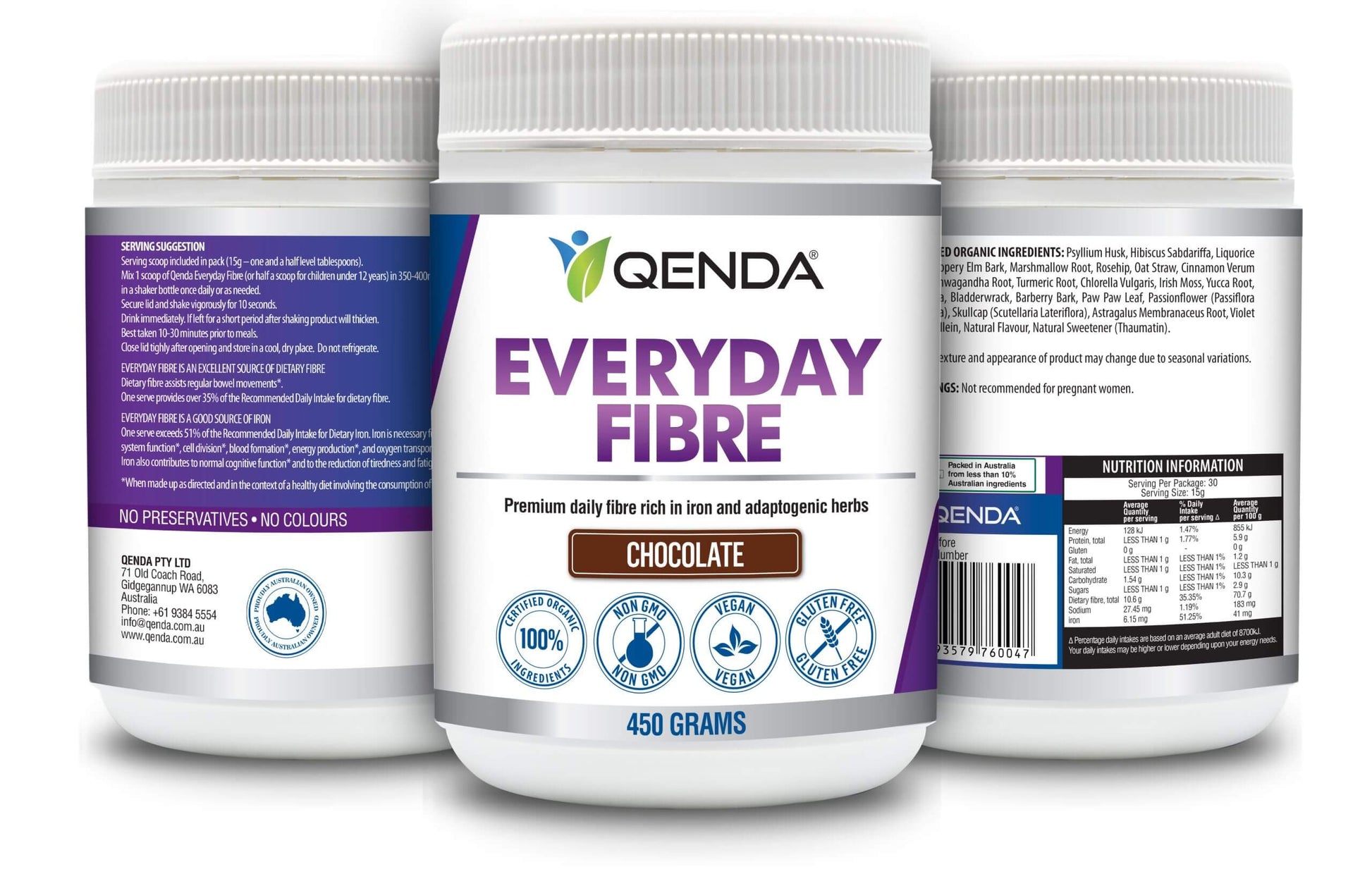 Three bottles of Qenda Everyday Fibre Chocolate 450g supplement on a white background