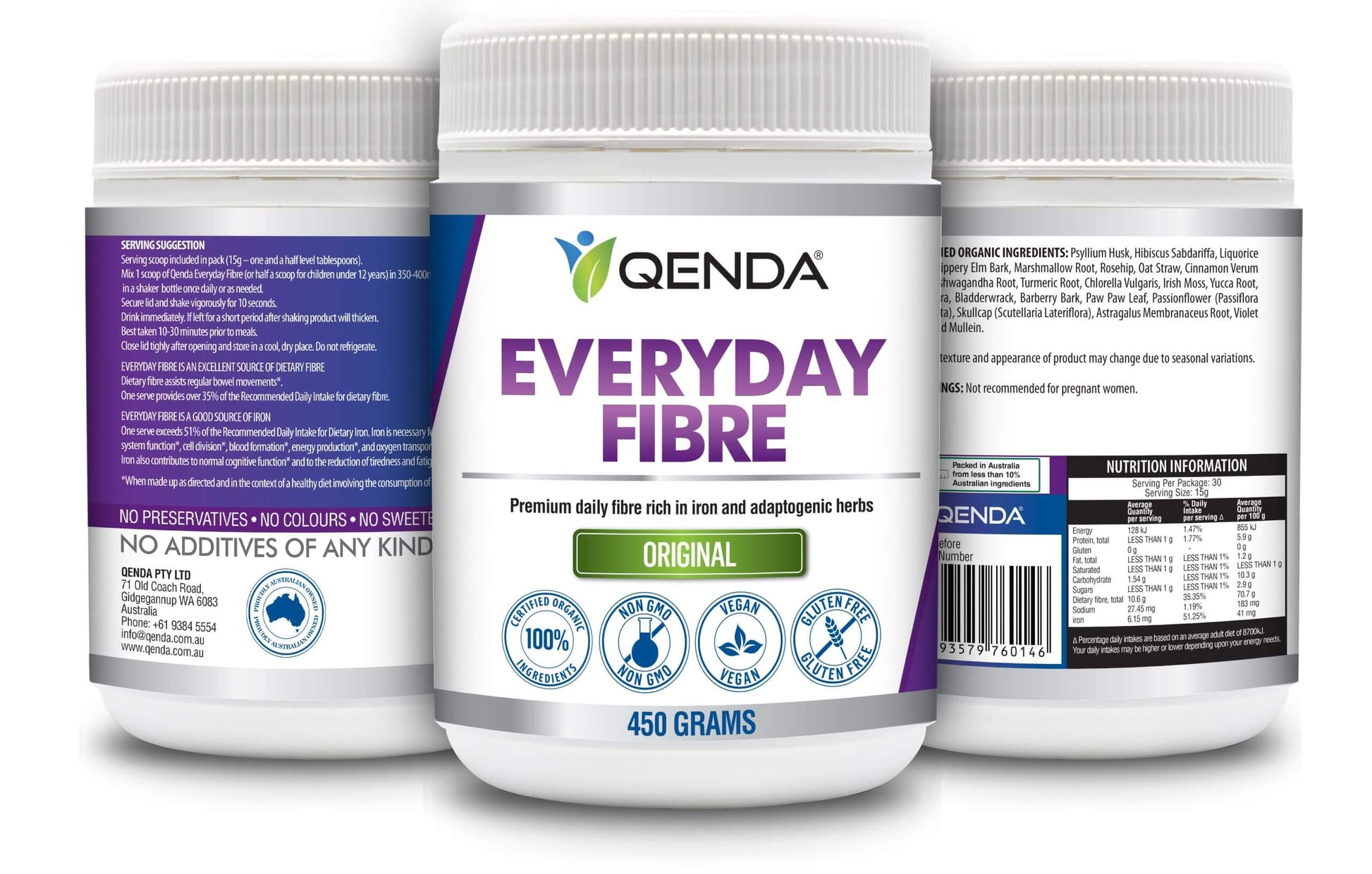 Three bottles of Qenda Everyday Fibre Original 450g on a white background