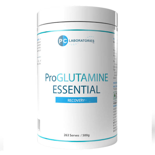 ProGlutamine Essential supplement container from PC Laboratories on a white background