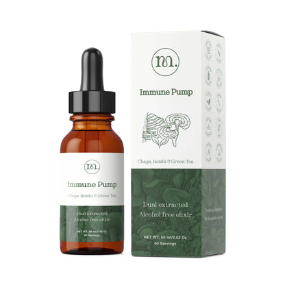 Brown bottle with black cap and white label next to a green box labeled 'Immune Pump' on a white background