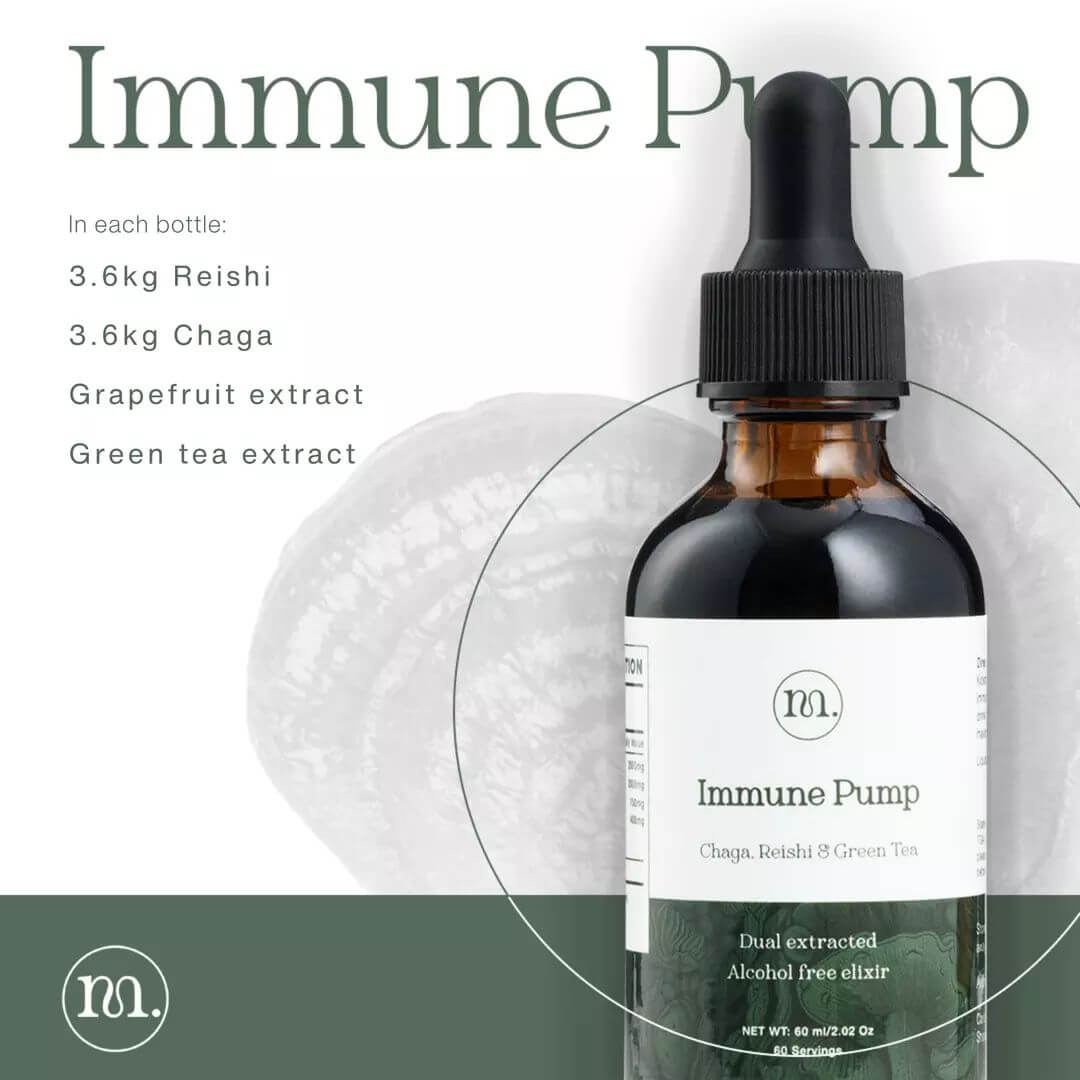 Bottle of 'Immune Pump' with ingredients listed on a white background