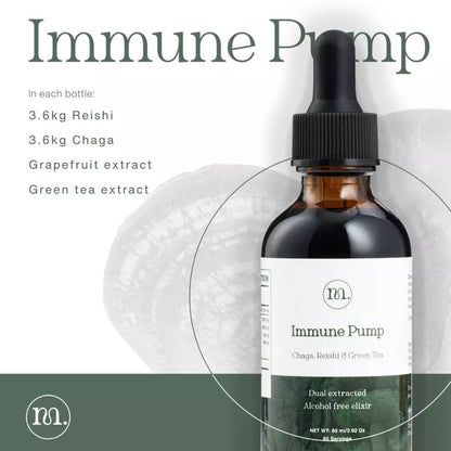 Bottle of 'Immune Pump' with ingredients listed on a white background