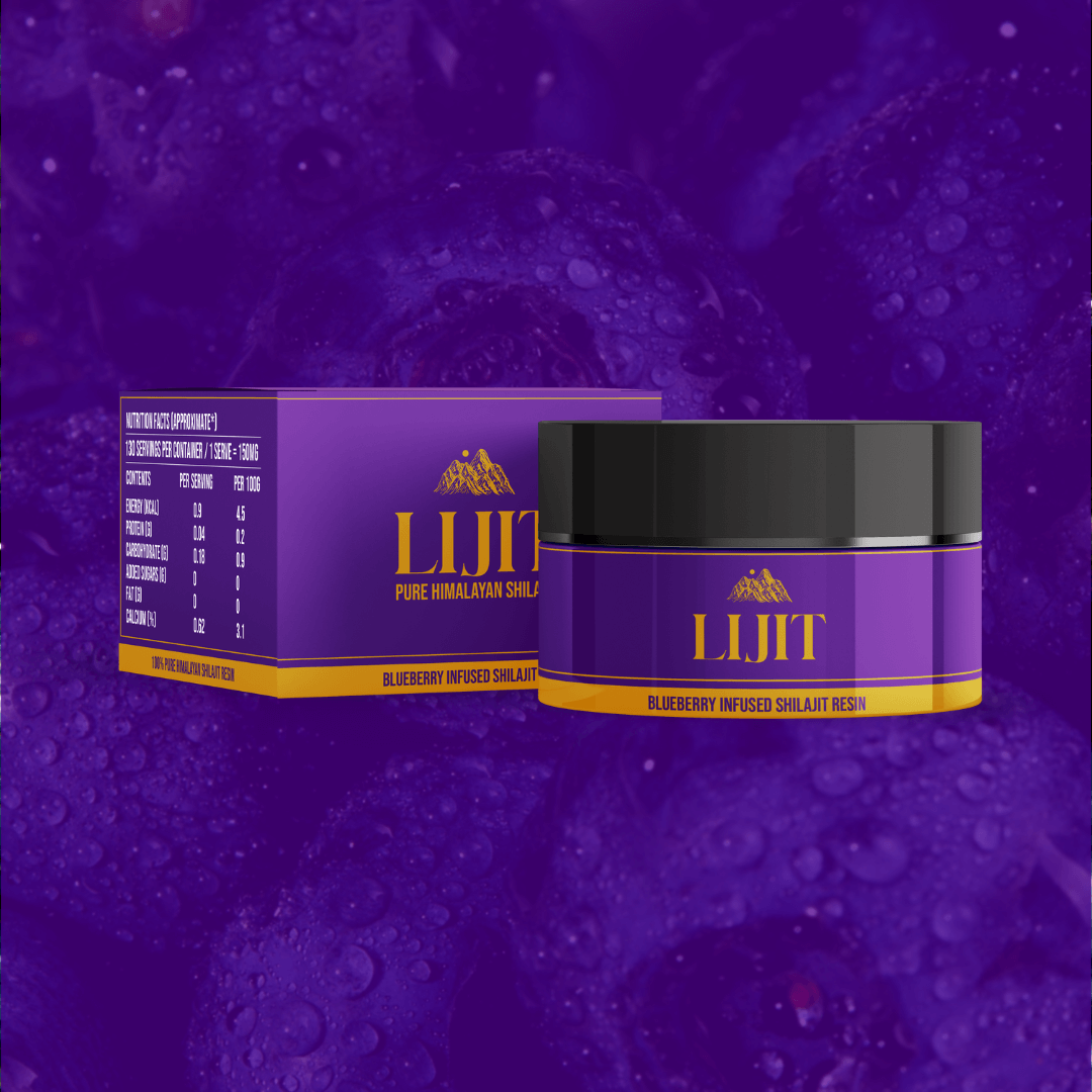 Lijit Blueberry-Infused Shilajit Resin on a purple background