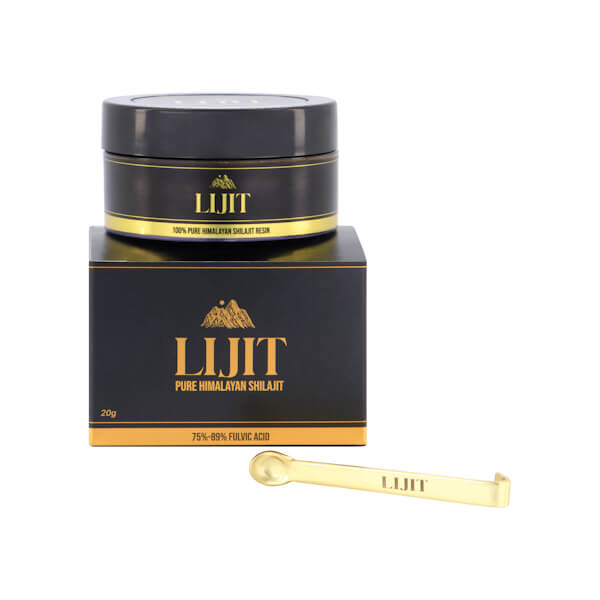 Lijit Shilajit – Original 20g packaging with black container, box, and gold spoon on a white background