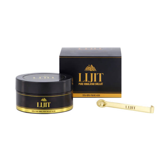 Lijit Shilajit – Original 20g with black container, gold scoop, and branded box on a white background