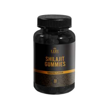 Bottle of Shilajit Gummies with black and gold label on a white background