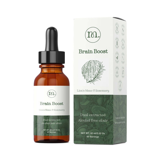 Brain Boost supplement bottle and packaging on a white background
