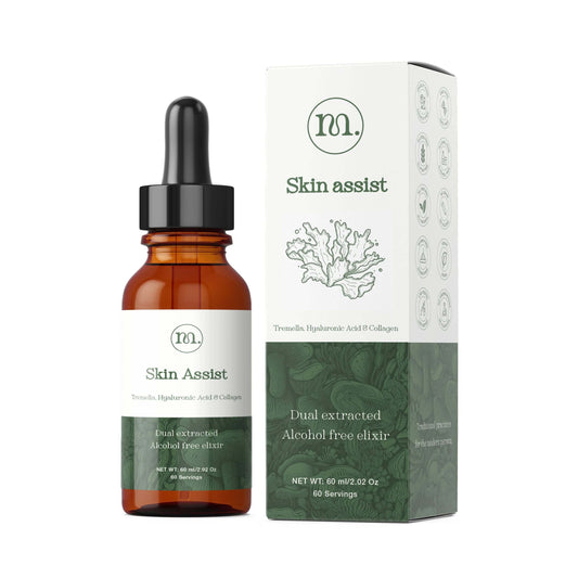 Skincare dropper bottle and packaging labeled 'Skin Assist' on a white background