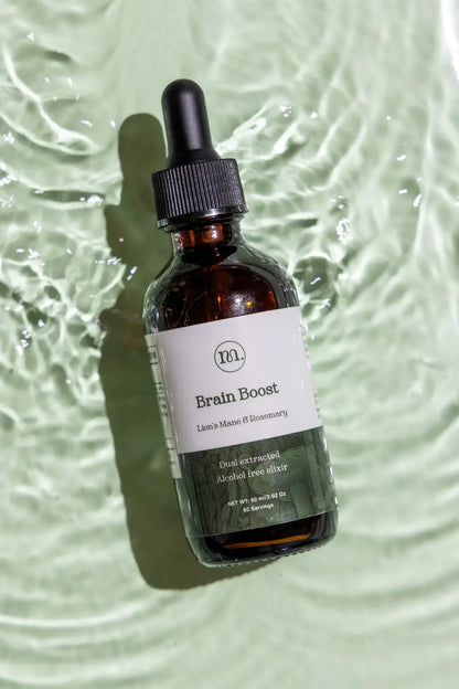 Bottle of 'Brain Boost' on a textured green background