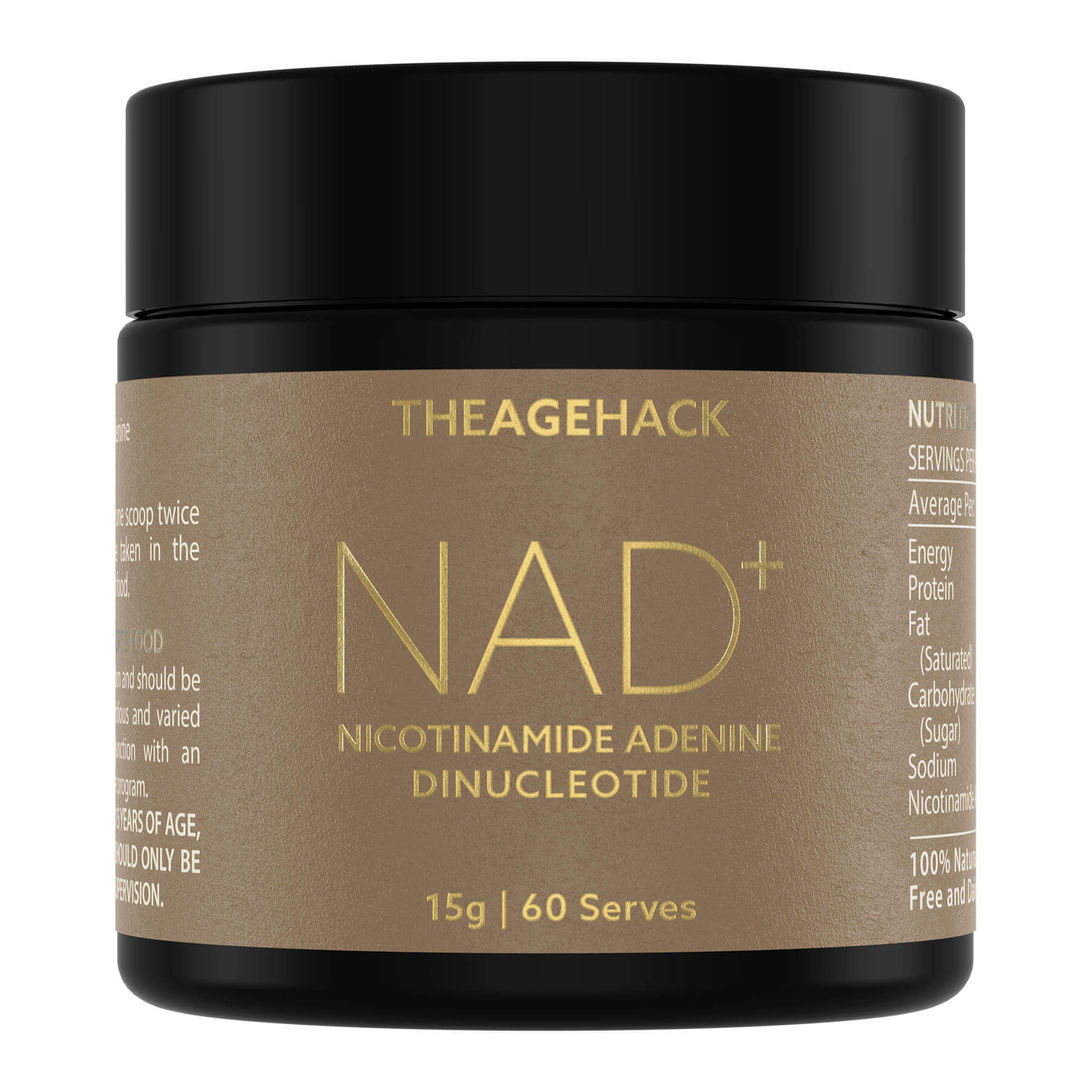 Jar of The Age Hack NAD+ supplement with black lid and brown label.
