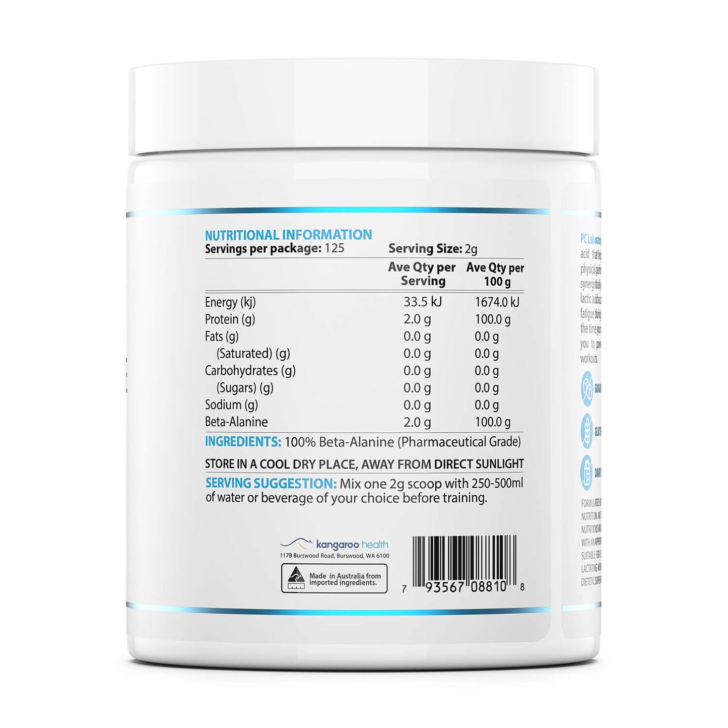 Nutritional information label on PC Laboratories ProBETA-ALANINE Essential supplement container with white background