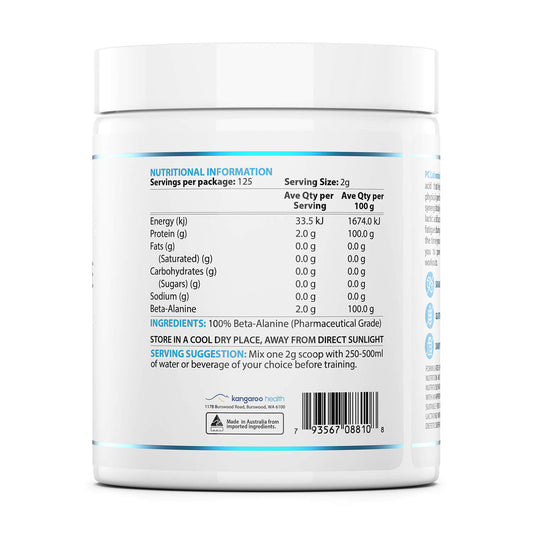Nutritional information label on PC Laboratories ProBETA-ALANINE Essential supplement container with white background
