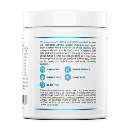 PC Laboratories ProBETA-ALANINE Essential supplement container with label detailing nutritional information and features on a white background