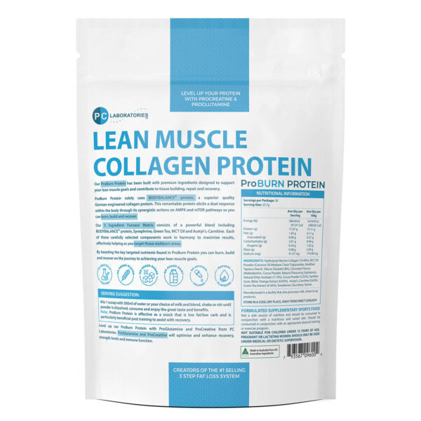 PC Laboratories ProBURN Protein package with 'Lean Muscle Collagen Protein' on a white background