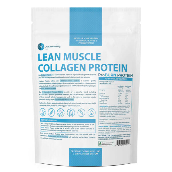 PC Laboratories ProBURN Protein powder package with 'Lean Muscle Collagen Protein' on a white background