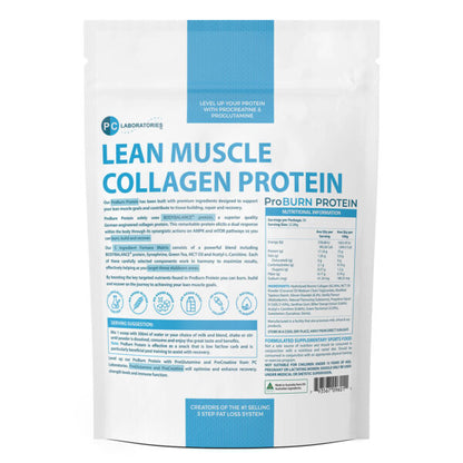 PC Laboratories ProBURN Protein powder package with 'Lean Muscle Collagen Protein' on a white background