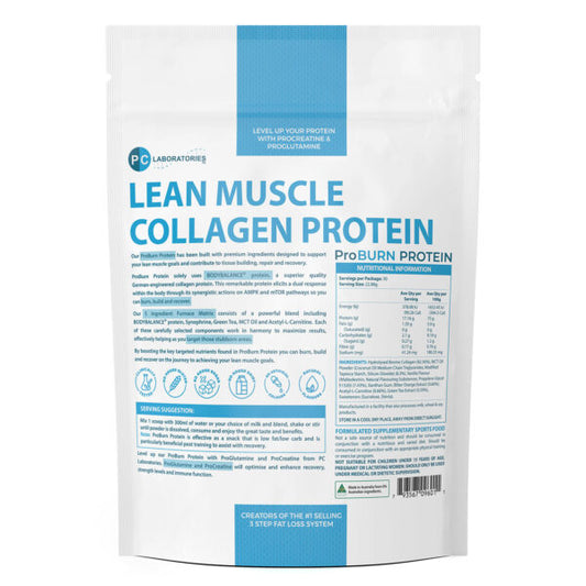 PC Laboratories ProBURN Protein powder package with 'Lean Muscle Collagen Protein' on a white background