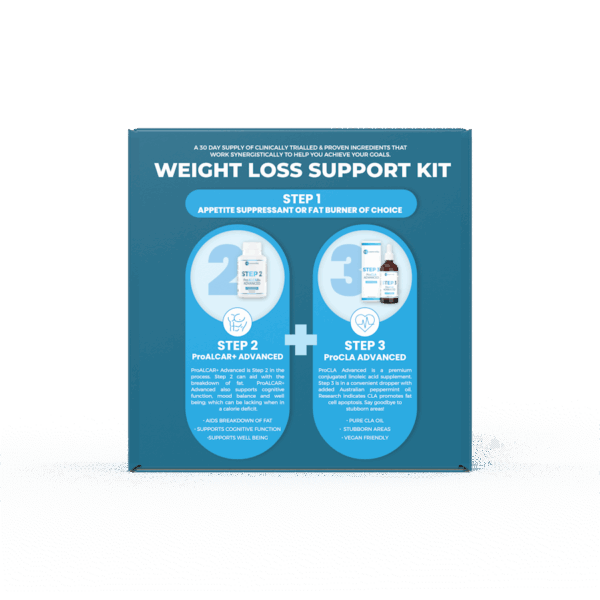Weight loss support kit packaging with blue and white design on a black background