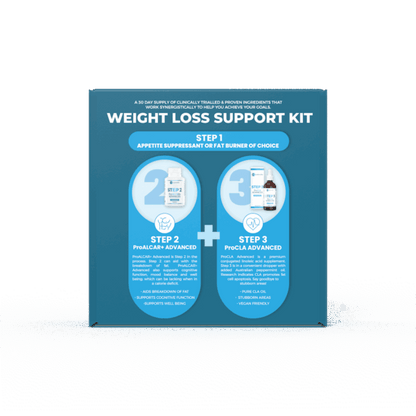 Weight loss support kit packaging with blue and white design on a black background