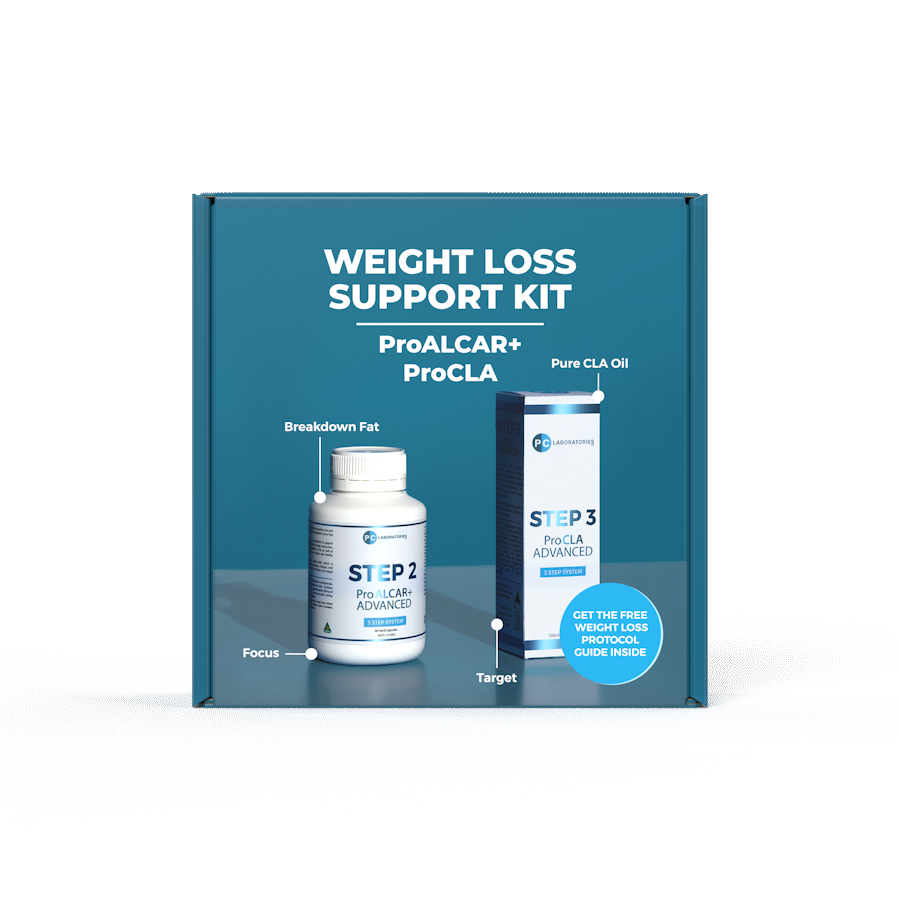 Weight loss support kit packaging with ProALCAR+ and ProCLA products on a blue background