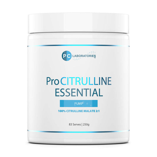Container of ProCitrulline Essential 250g supplement with visible branding on a white background