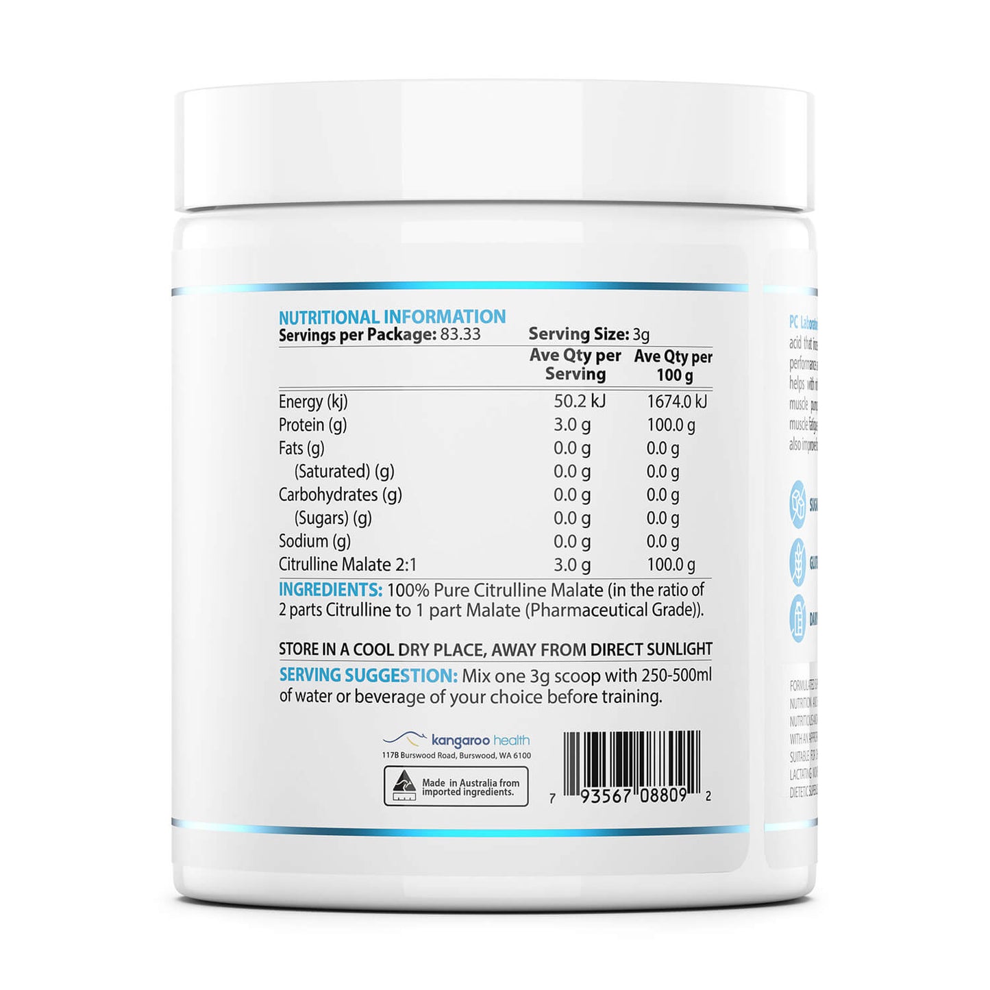 Nutritional information label on ProCitrulline Essential 250g supplement container