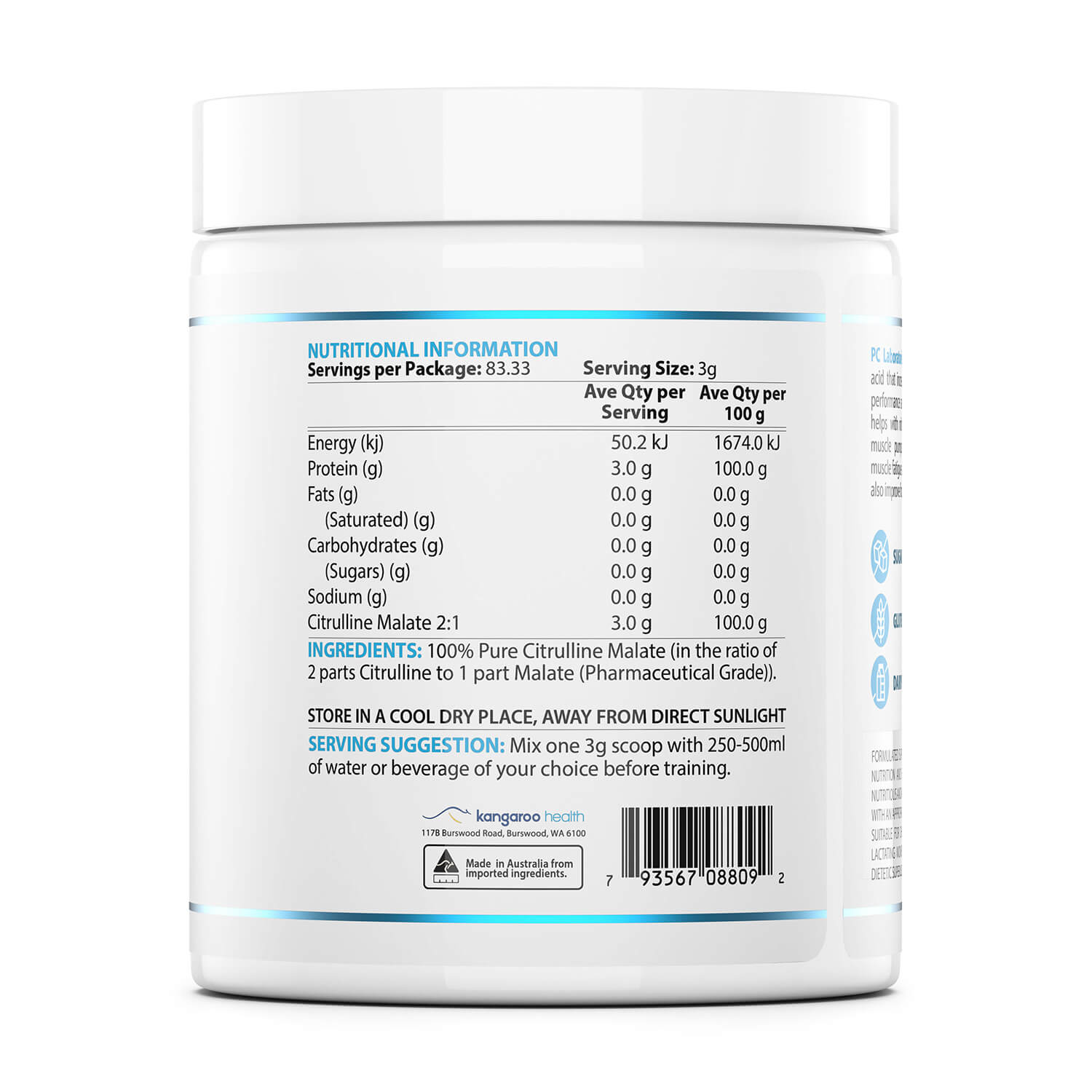 Nutritional information label on ProCitrulline Essential 250g supplement container