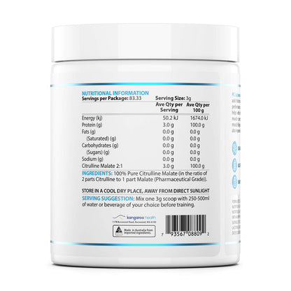 Nutritional information label on ProCitrulline Essential 250g supplement container