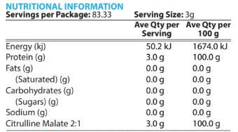 Nutritional information table for ProCitrulline Essential 250g with serving size, energy, protein, fat, and other details.