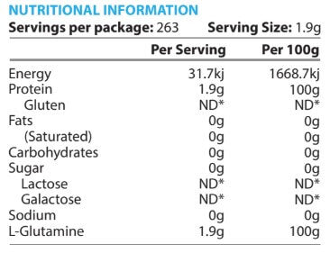 PC Laboratories ProGLUTAMINE ESSENTIAL nutritional information table for a product with serving size and energy values.