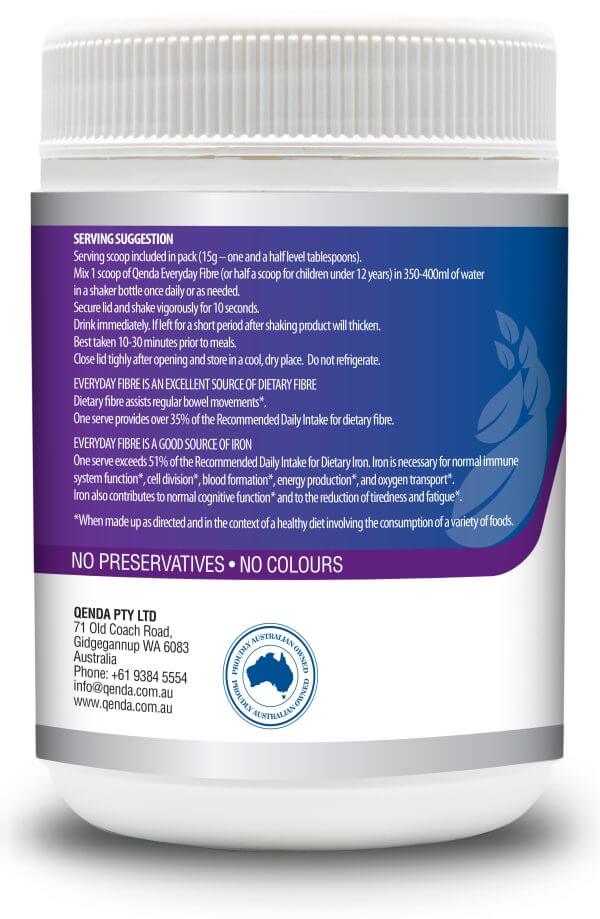 Back label of Qenda Everyday Fibre Chocolate 450g with text and branding on a white background