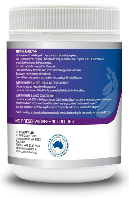 Back label of Qenda Everyday Fibre Chocolate 450g with text and branding on a white background