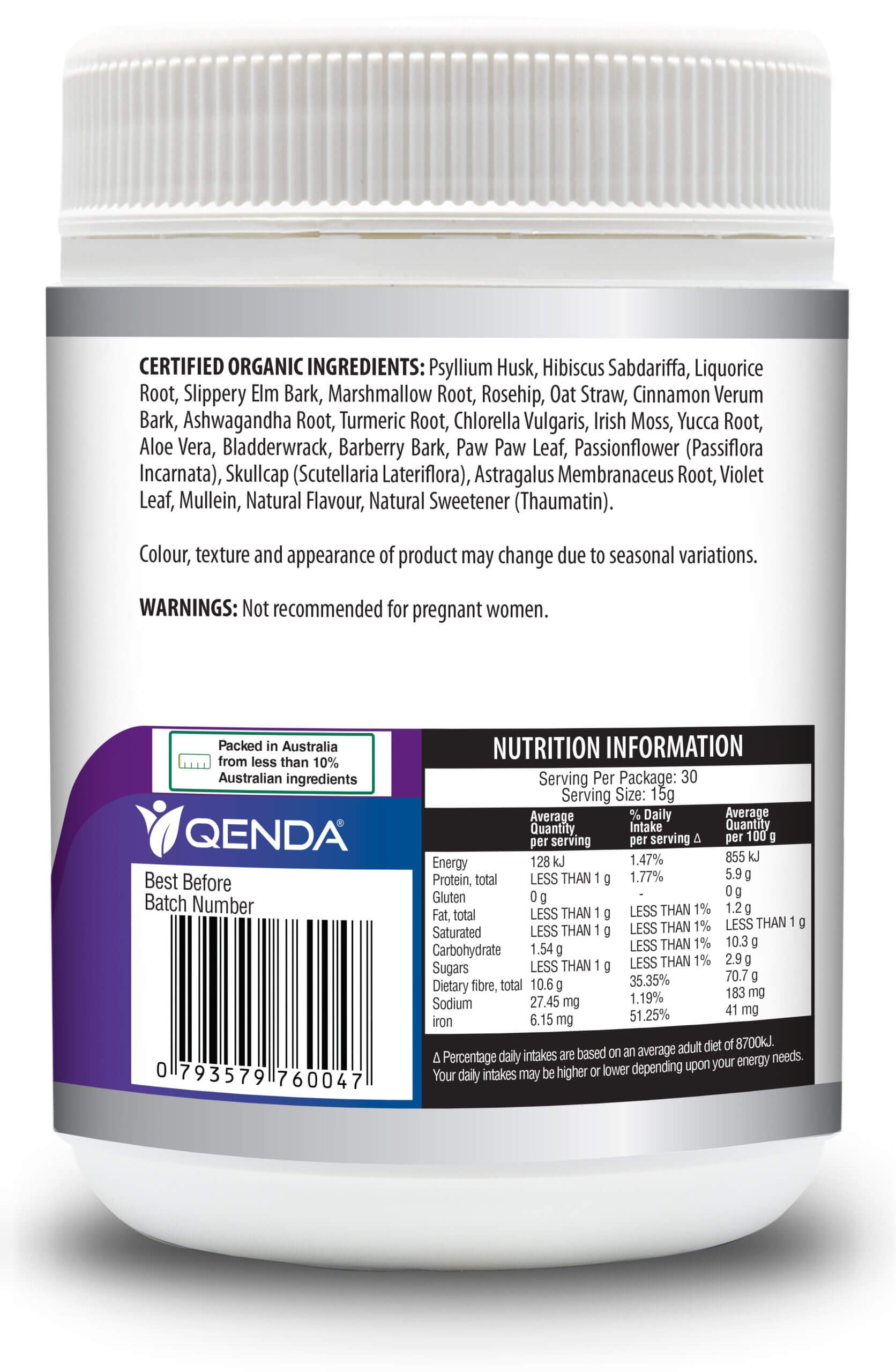 Qenda Everyday Fibre Chocolate 450g Supplement container with label showing ingredients and nutrition information on a white background
