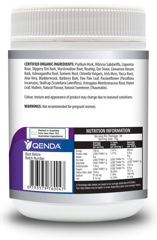Qenda Everyday Fibre Chocolate 450g Supplement container with label showing ingredients and nutrition information on a white background