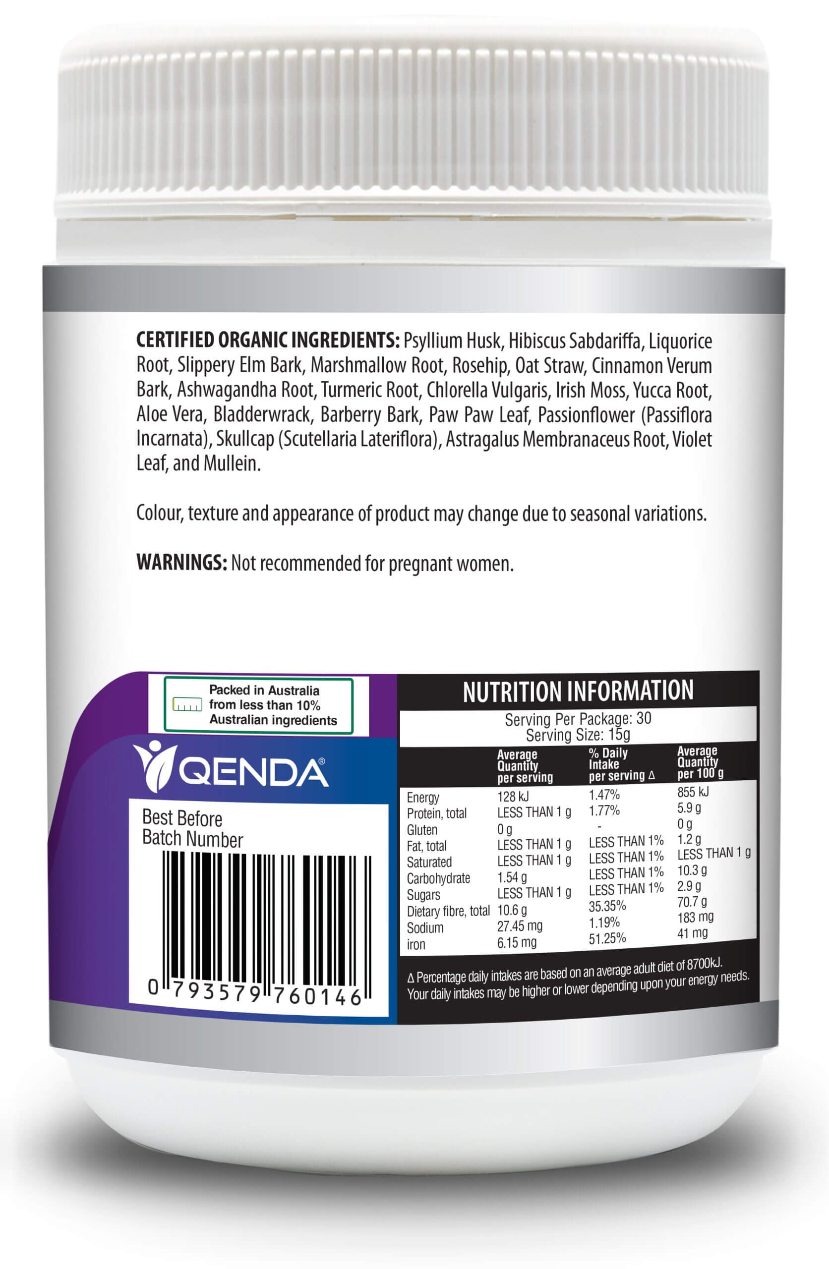 Qenda Everyday Fibre Original 450g container with a label showing certification details and nutrition information.